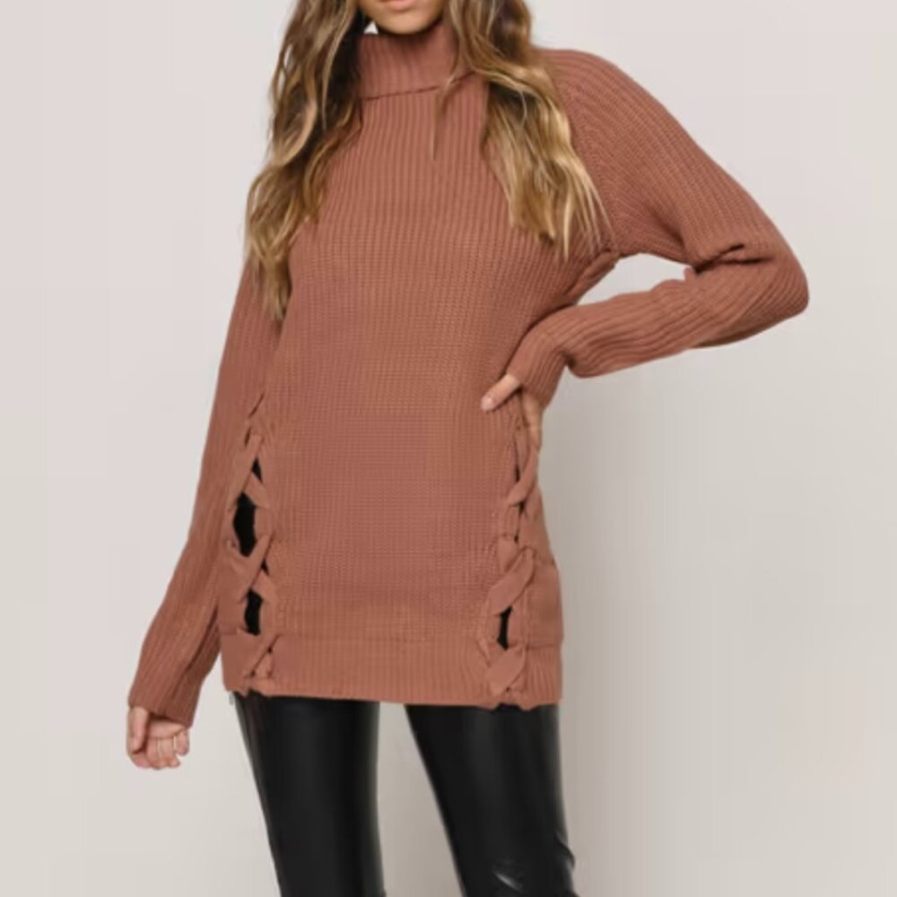 tobi need you lace up mini sweater dress shirt terracotta medium knit turtleneck
